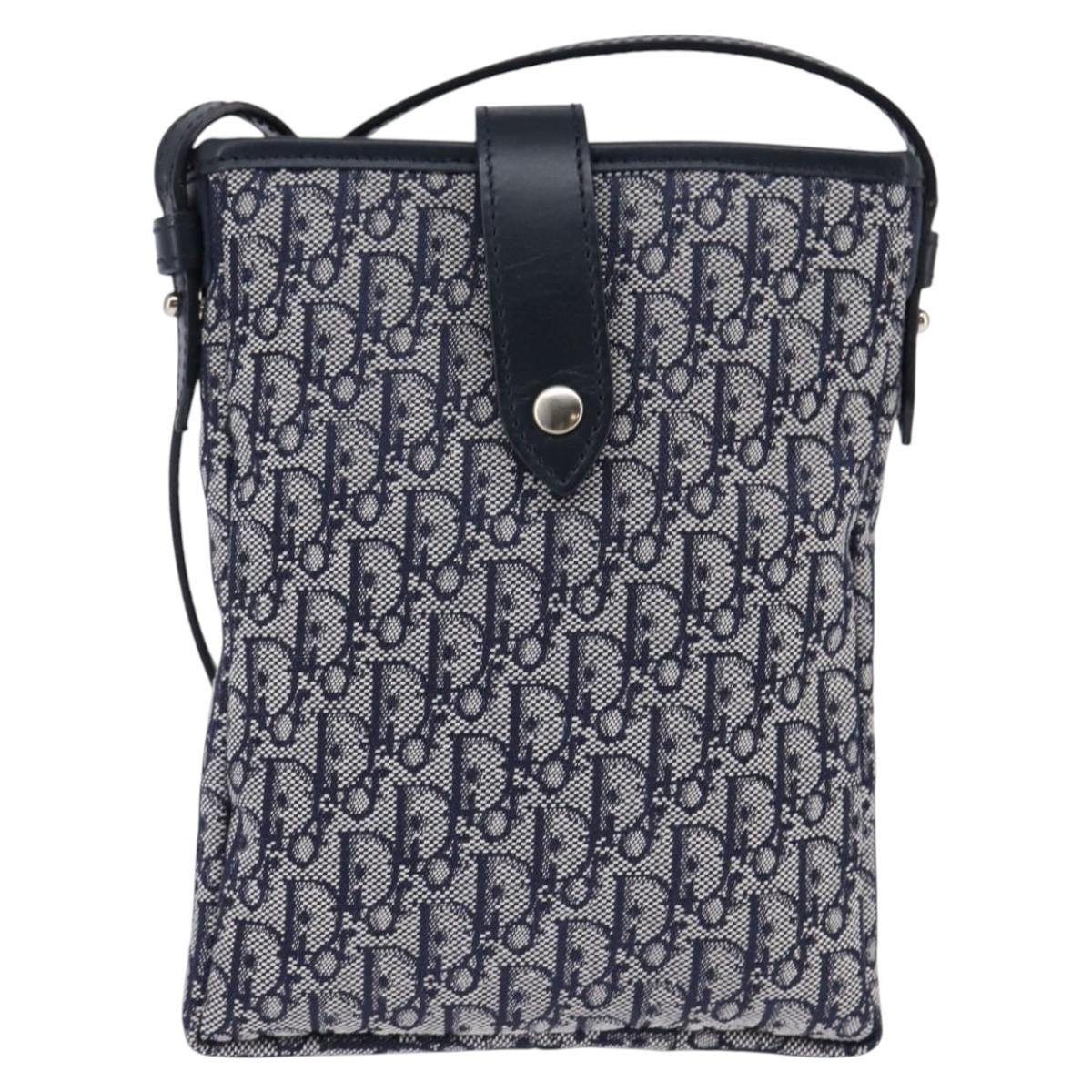 Christian Dior Trotter Canvas Shoulder Bag Navy Silver Auth 145522