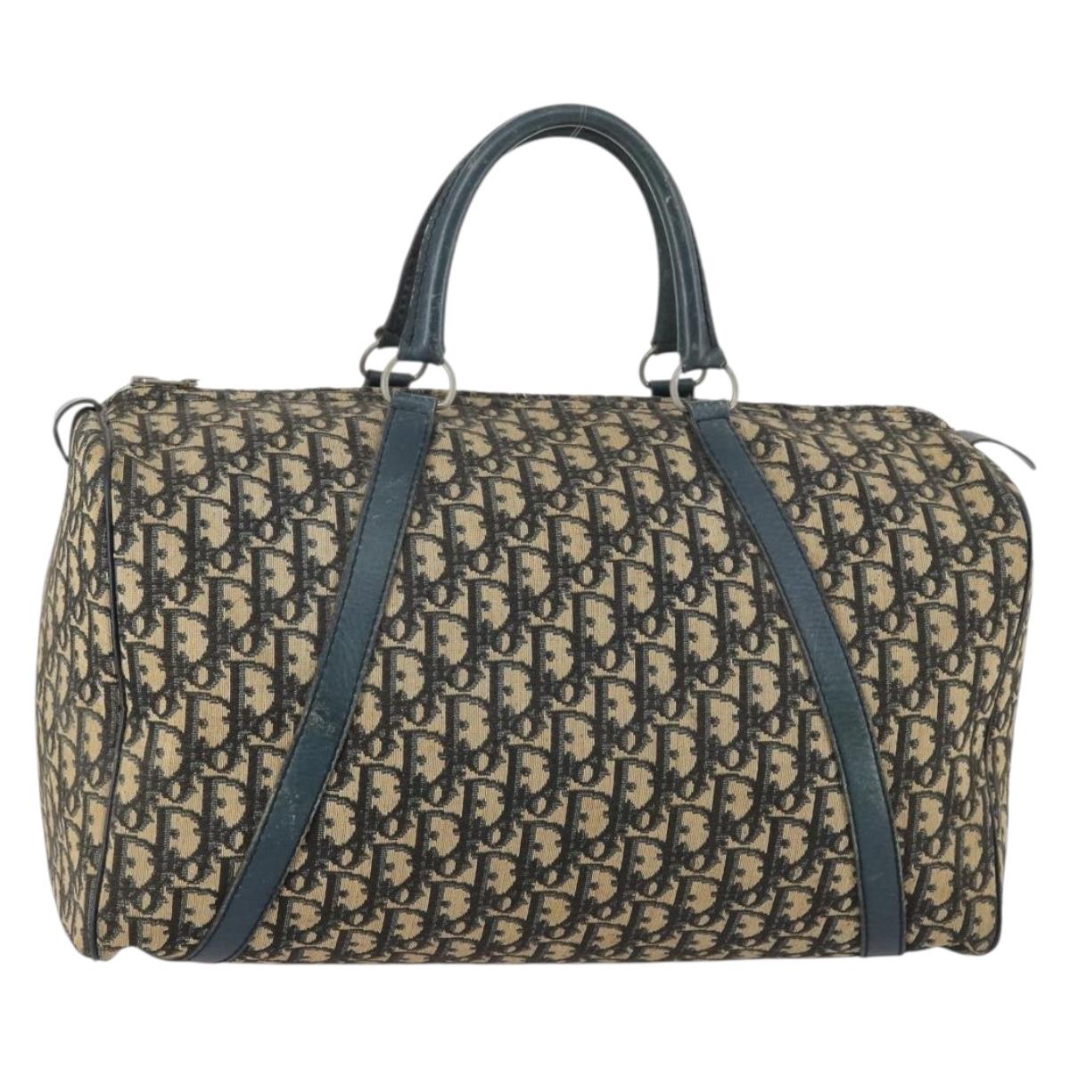 Christian Dior Trotter Canvas Boston Bag Navy Silver Auth 145523