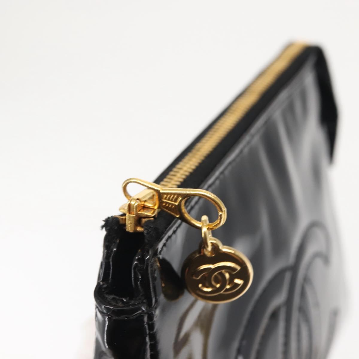 CHANEL Pouch Enamel Black Gold CC Auth 145547