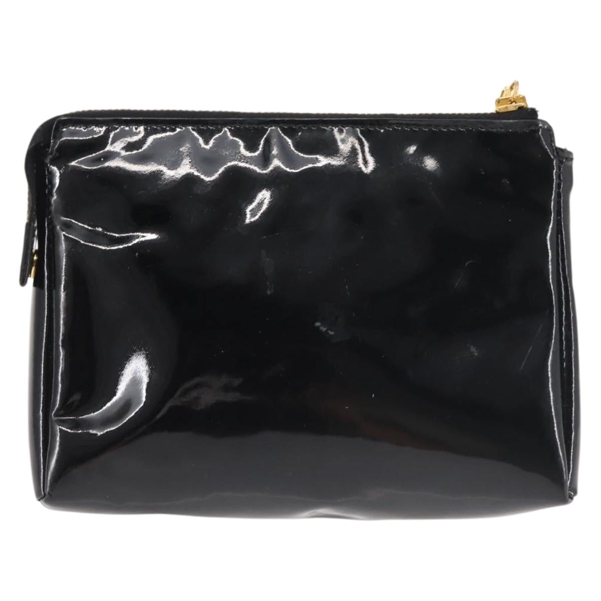 CHANEL Pouch Enamel Black Gold CC Auth 145547