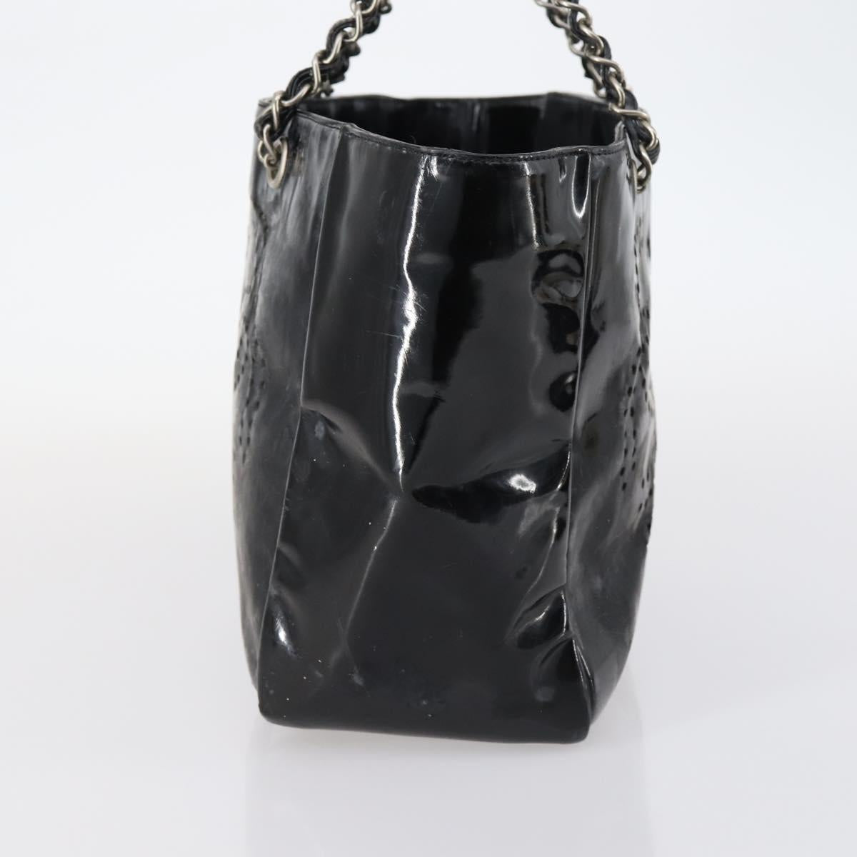 CHANEL Punching Chain Shoulder Bag Patent leather Black CC Auth 145573
