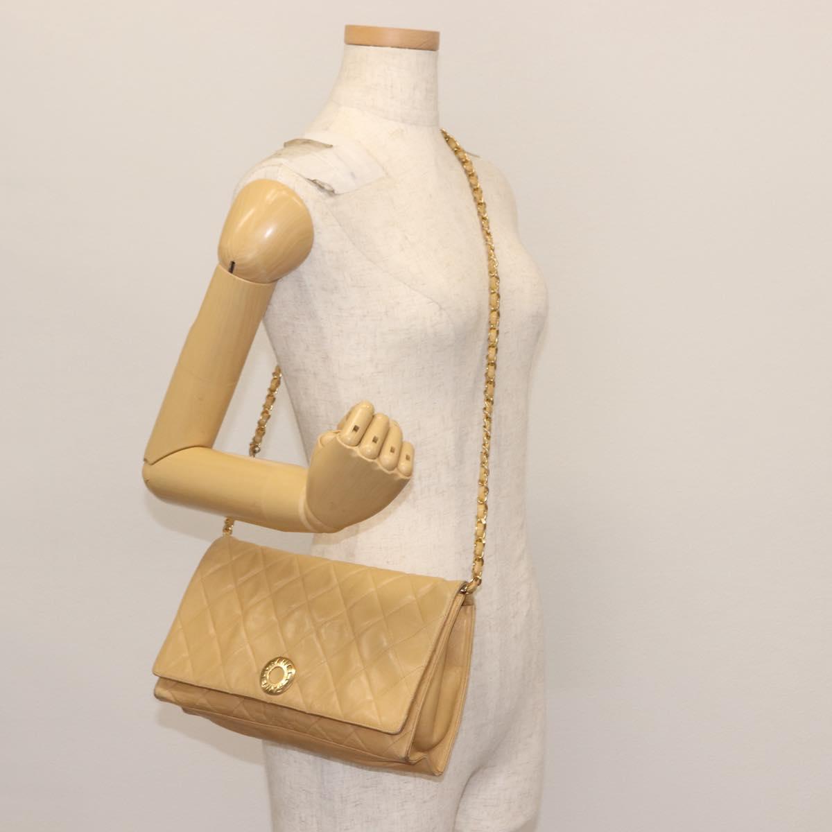 CHANEL Matelasse Chain Shoulder Bag Lamb Skin Beige Gold CC Auth 145574