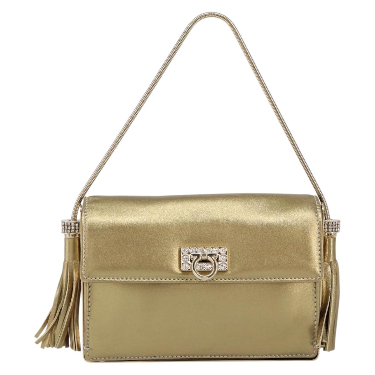 Salvatore Ferragamo Gancini Shoulder Bag Leather Gold Auth 145578AV
