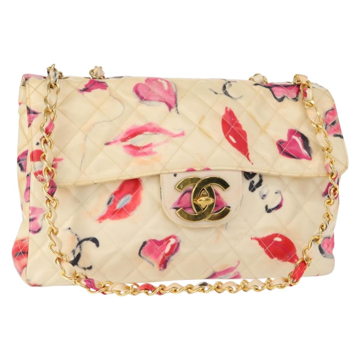 CHANEL Matelasse 34 Chain Shoulder Bag Vinyl coating Beige Gold CC Auth 145579V