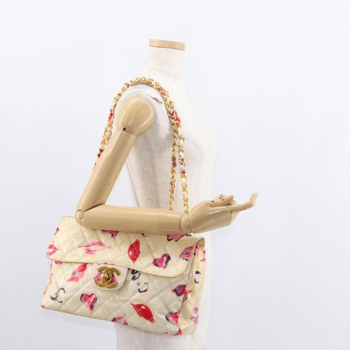 CHANEL Matelasse 34 Chain Shoulder Bag Vinyl coating Beige Gold CC Auth 145579V