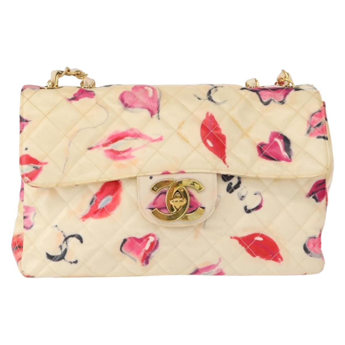 CHANEL Matelasse 34 Chain Shoulder Bag Vinyl coating Beige Gold CC Auth 145579V