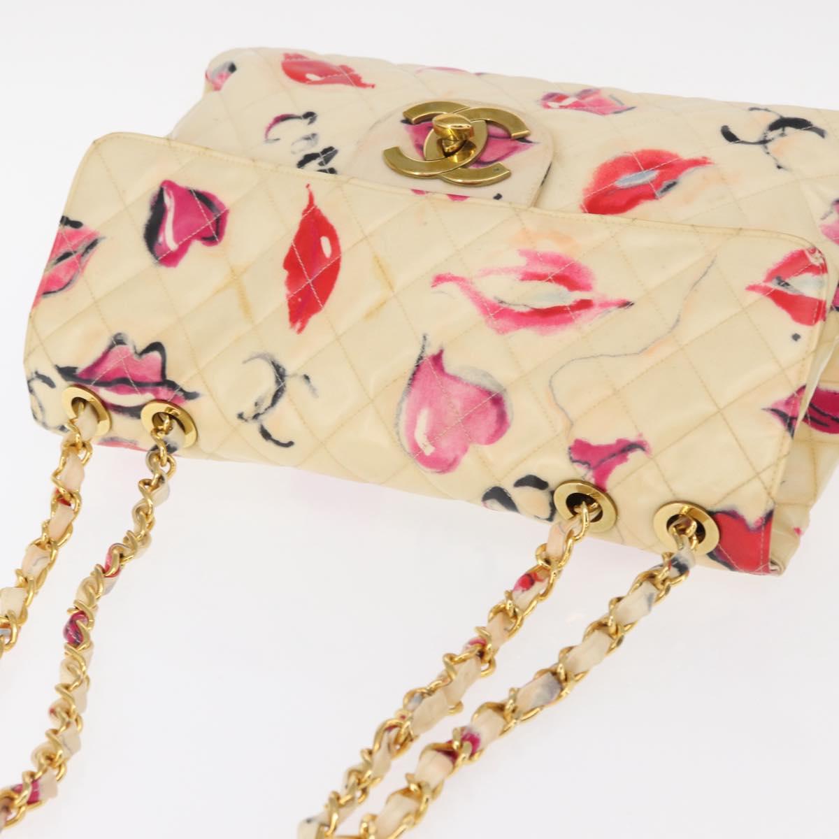 CHANEL Matelasse 34 Chain Shoulder Bag Vinyl coating Beige Gold CC Auth 145579V