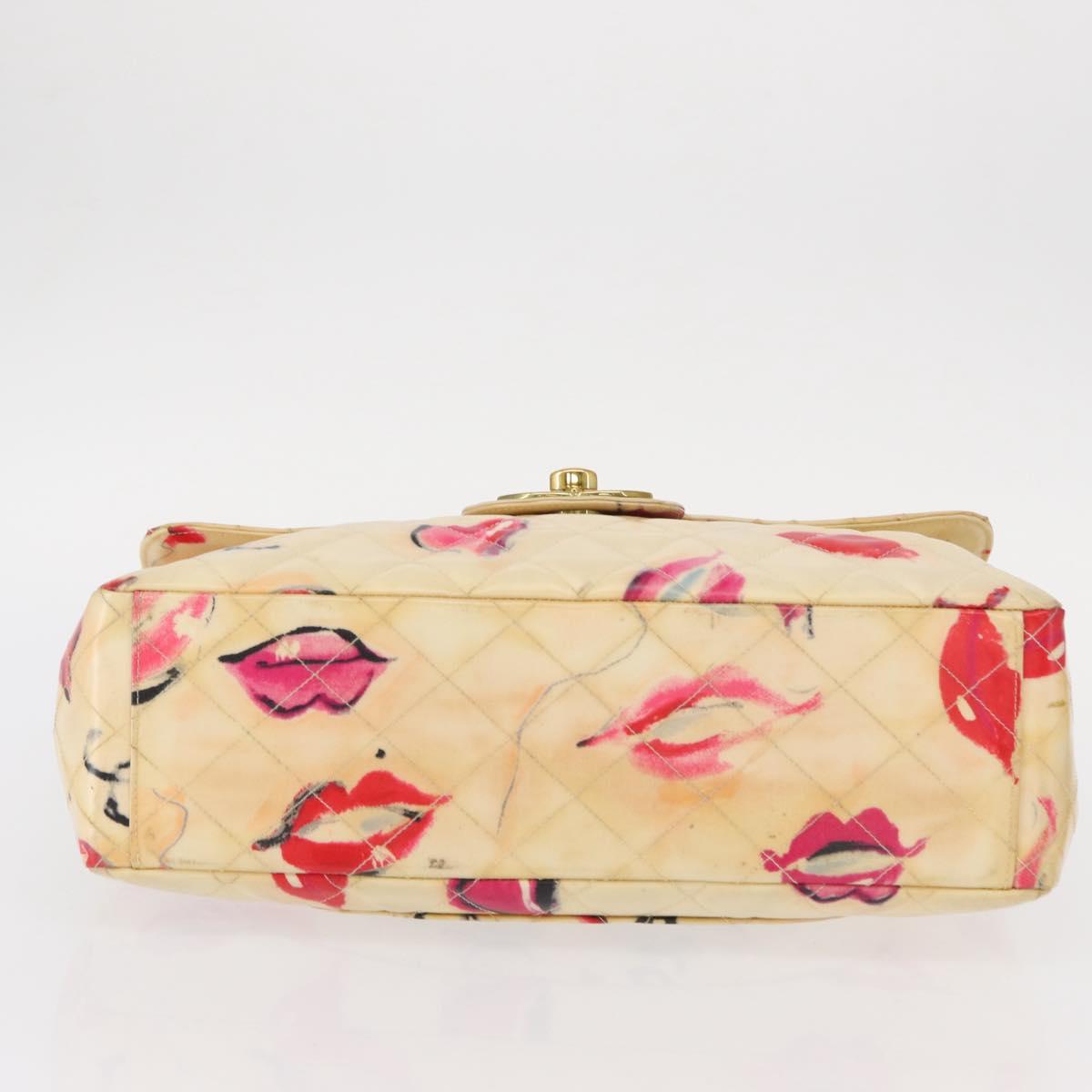 CHANEL Matelasse 34 Chain Shoulder Bag Vinyl coating Beige Gold CC Auth 145579V