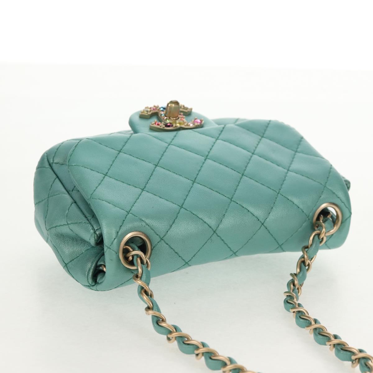 CHANEL Matelasse 17 Chain Bag Lamb Skin Turquoise Blue Gold CC Auth 145584AV