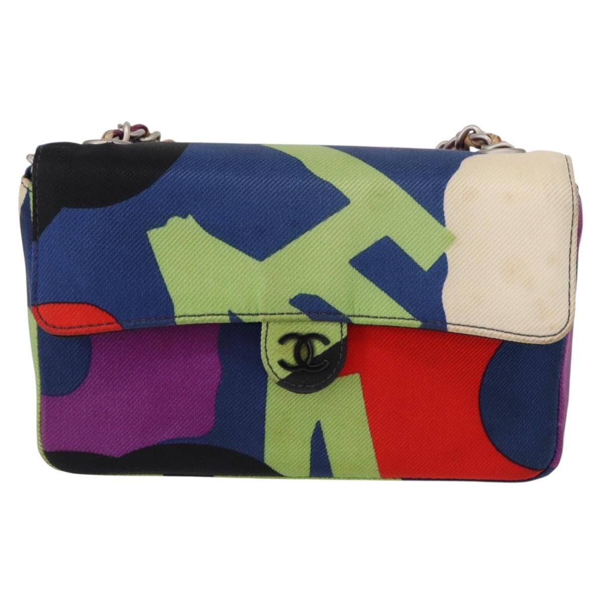CHANEL Chain Shoulder Bag Canvas Multicolor Silver CC Auth 145585V
