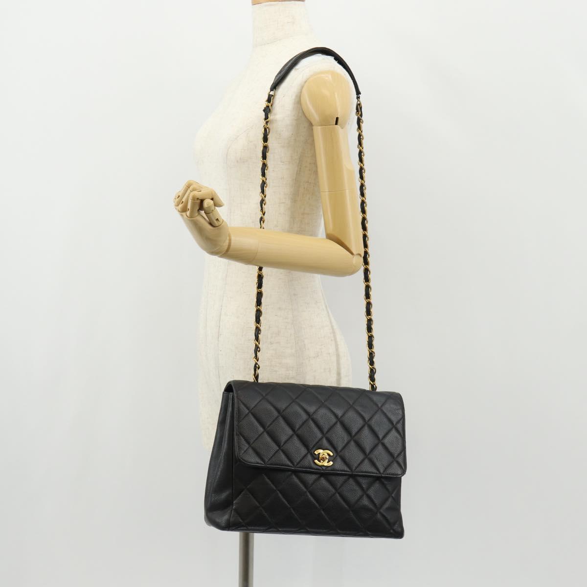 CHANEL Matelasse Chain Shoulder Bag Caviar Skin Black Gold CC Auth 145587AV