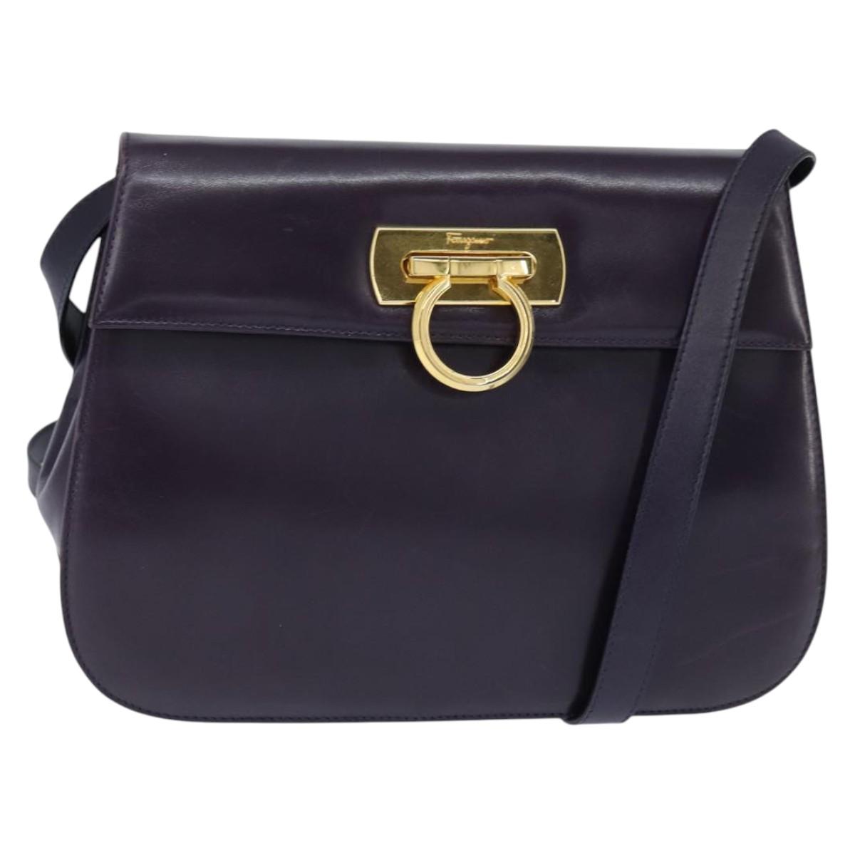 Salvatore Ferragamo Gancini Shoulder Bag Leather Navy Gold Auth 145622