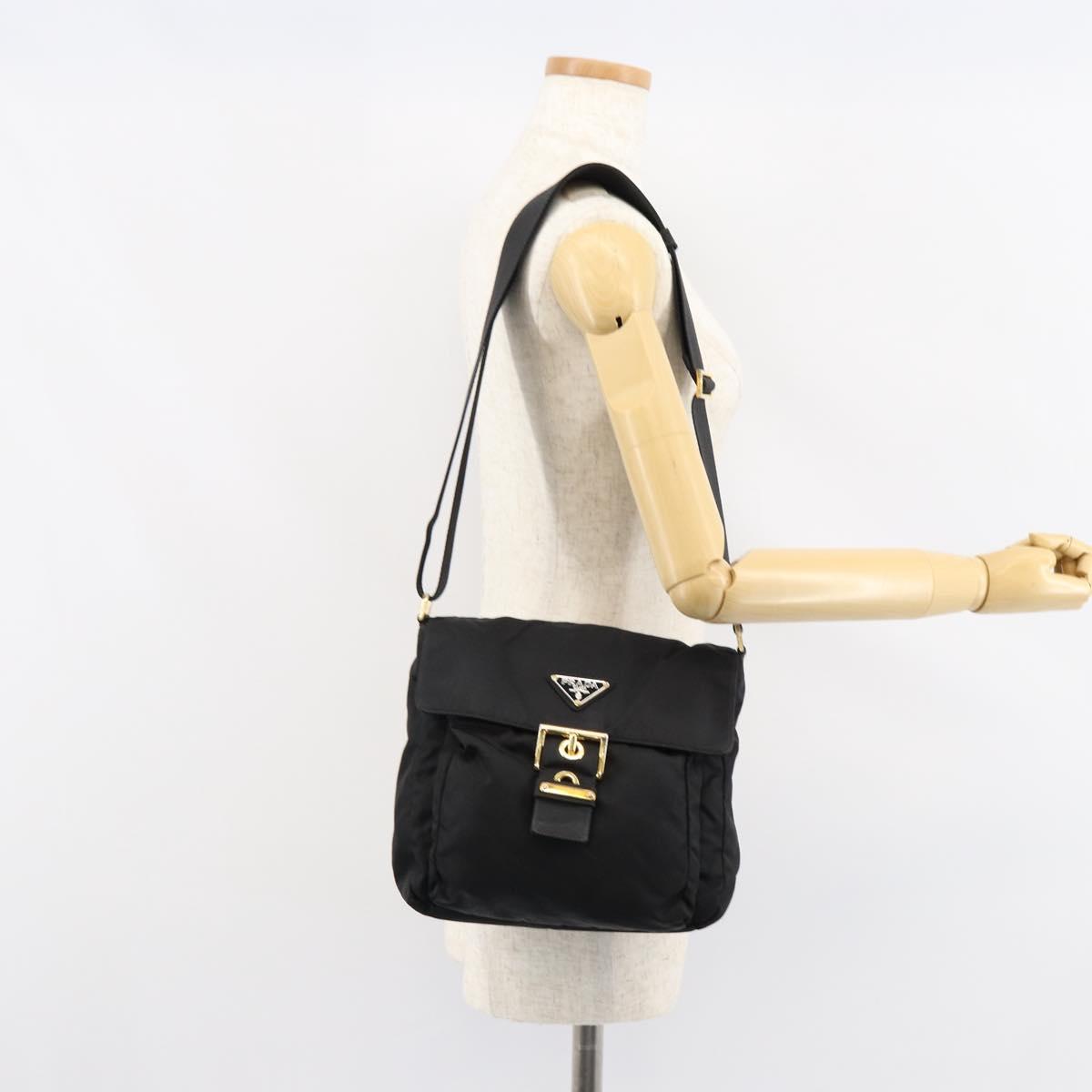 PRADA Shoulder Bag Nylon Black Gold Auth 145625