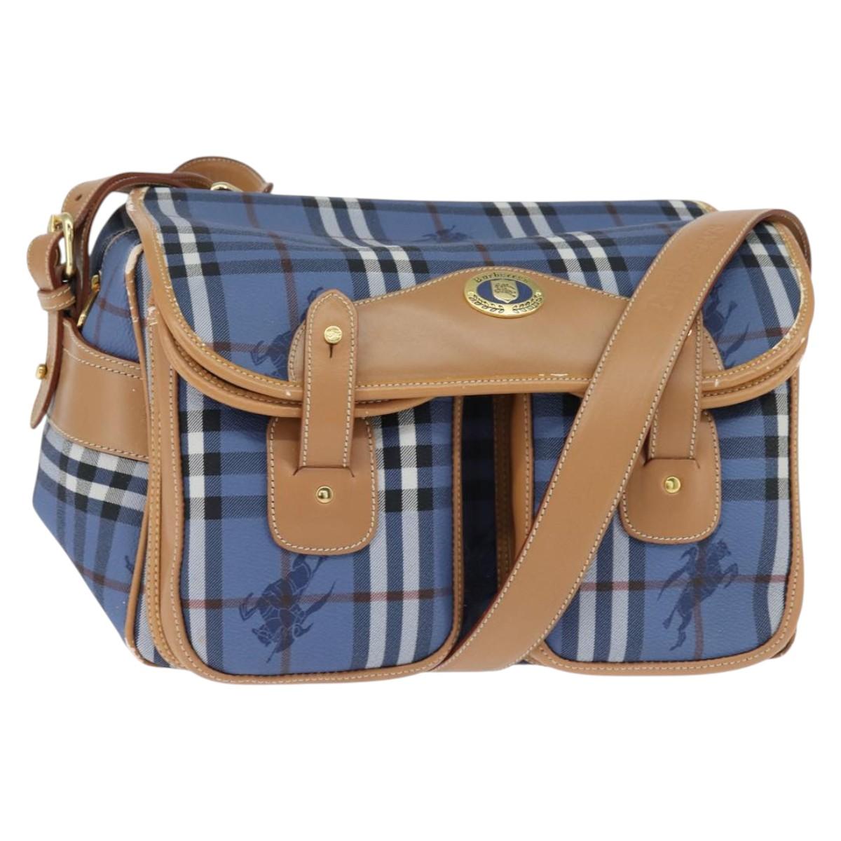 Burberrys Nova Check Shoulder Bag PVC Leather Blue Gold Auth 145629