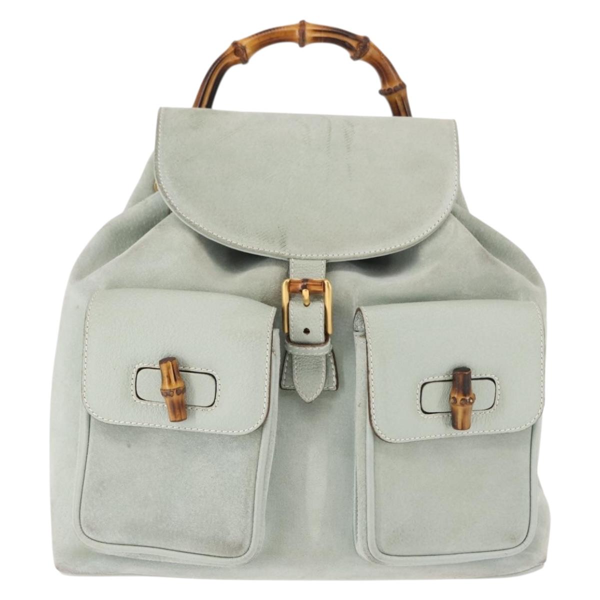 GUCCI Bamboo Backpack Suede Outlet Light Blue Gold 003 2058 9016 Auth 145652