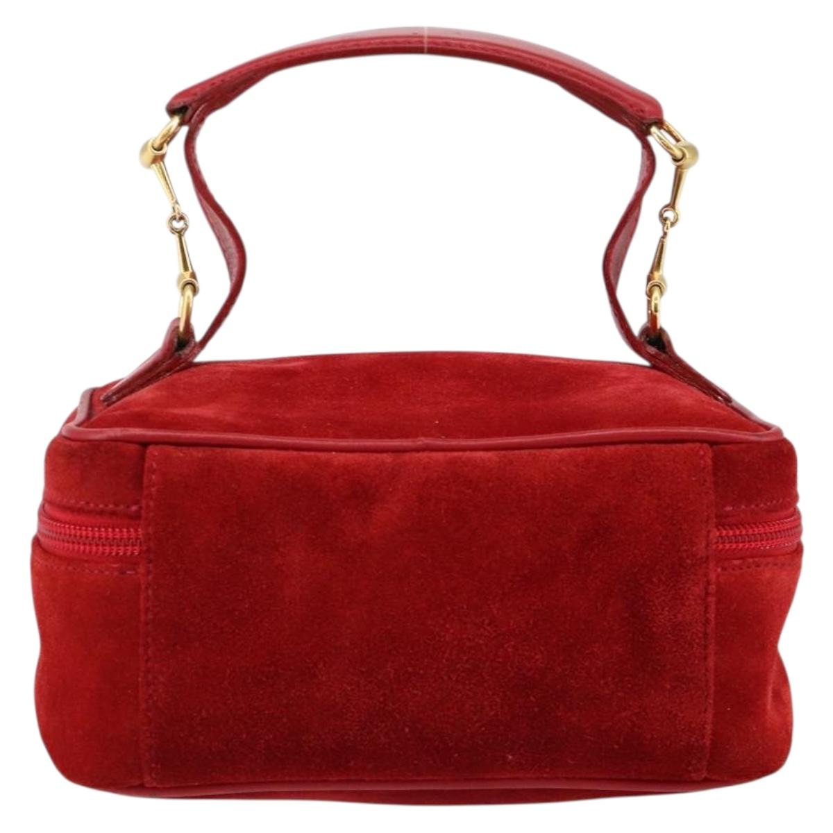 GUCCI Horsebit Vanity Bag Hand Bag Suede Red Gold 032 1705 0141 Auth 145653