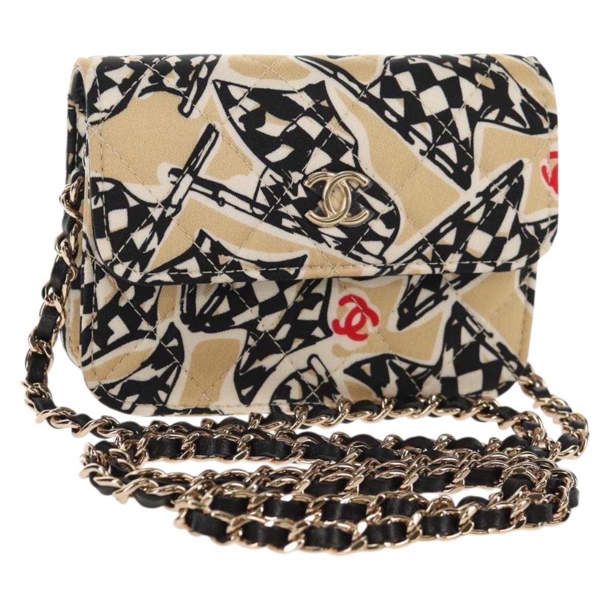 CHANEL Chain Checkered Flag Matelasse Bag Satin Beige Gold CC Auth 145708A