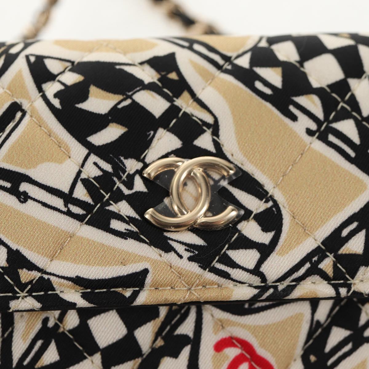 CHANEL Chain Checkered Flag Matelasse Bag Satin Beige Gold CC Auth 145708A
