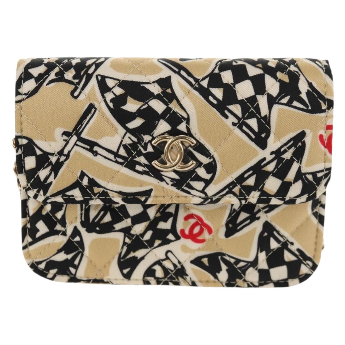 CHANEL Chain Checkered Flag Matelasse Bag Satin Beige Gold CC Auth 145708M