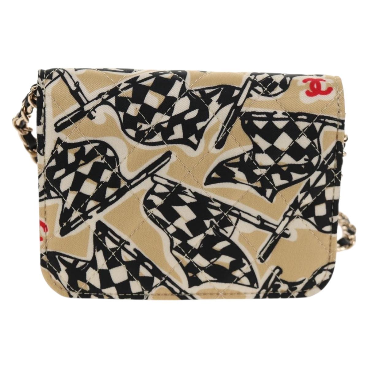 CHANEL Chain Checkered Flag Matelasse Bag Satin Beige Gold CC Auth 145708A
