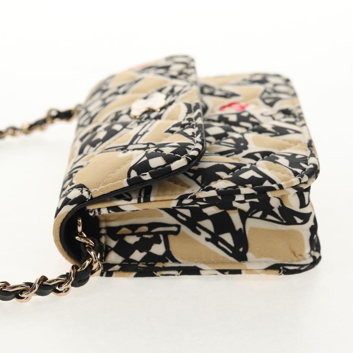 CHANEL Chain Checkered Flag Matelasse Bag Satin Beige Gold CC Auth 145708M