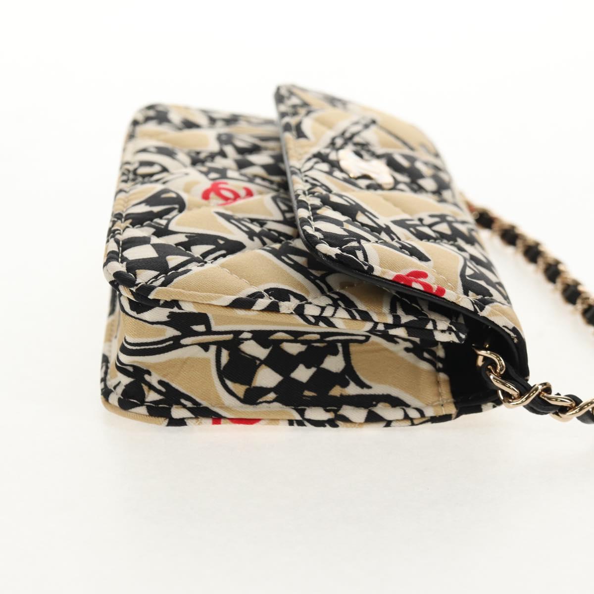 CHANEL Chain Checkered Flag Matelasse Bag Satin Beige Gold CC Auth 145708A