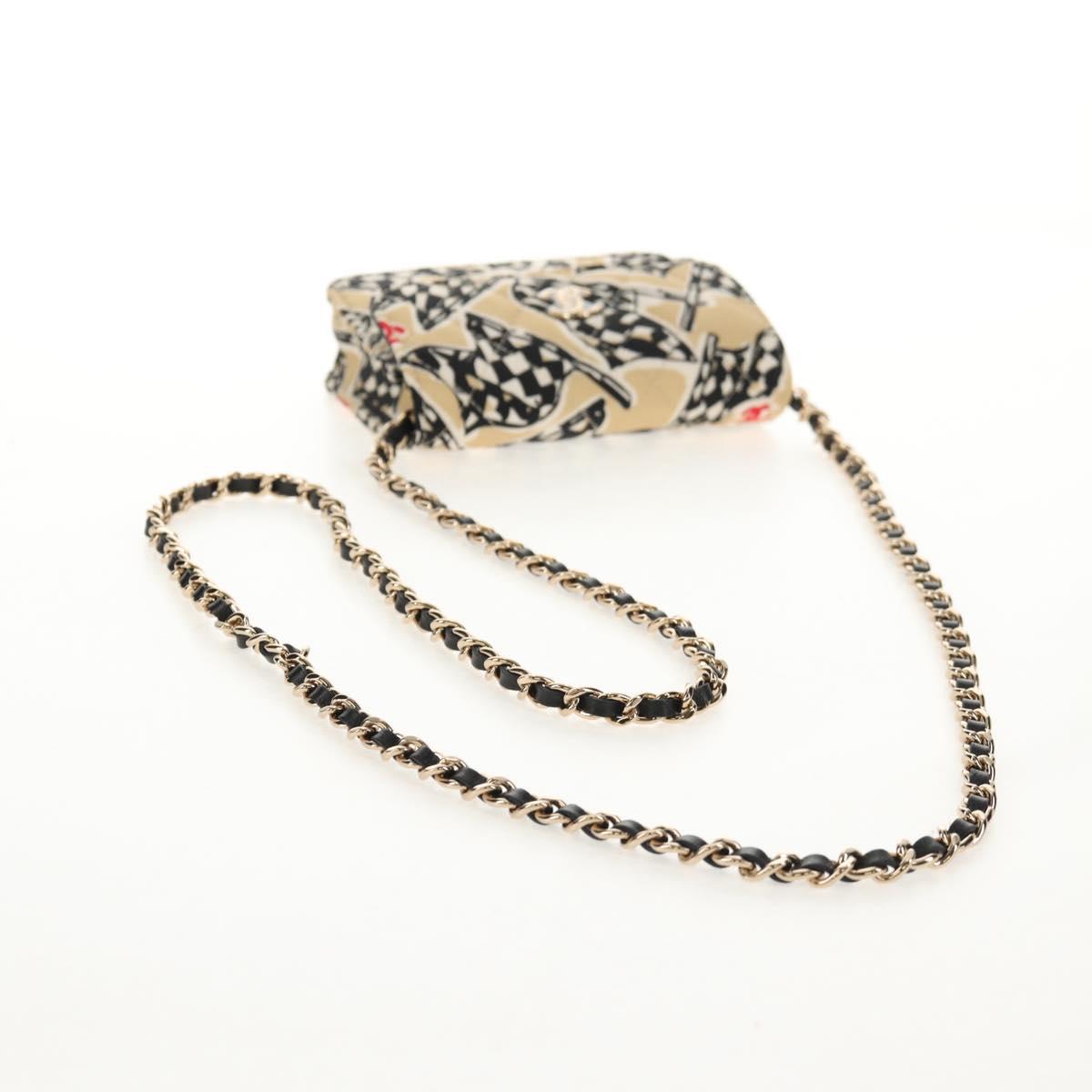 CHANEL Chain Checkered Flag Matelasse Bag Satin Beige Gold CC Auth 145708M
