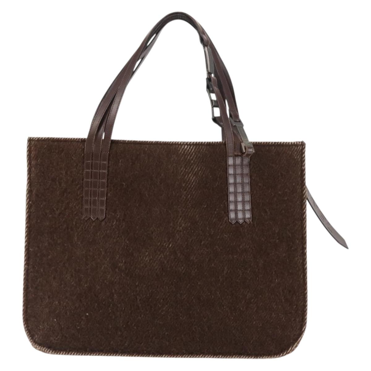CHANEL Tote Bag Wool Brown CC Auth 145717