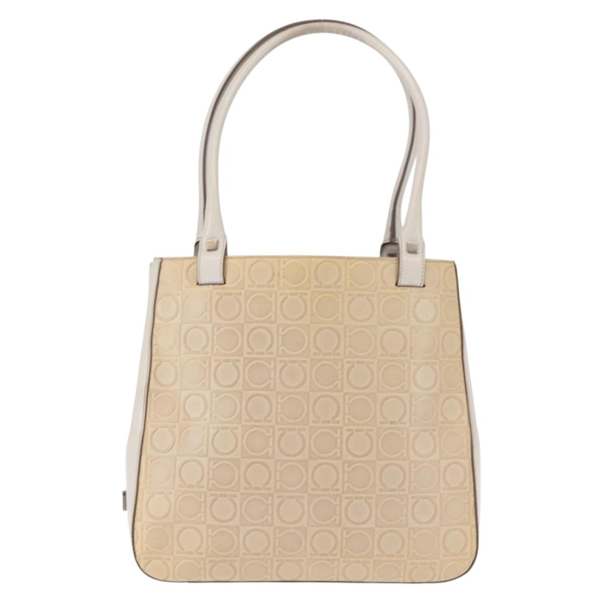Salvatore Ferragamo Gancini Tote Bag Leather Beige Silver Auth 145755