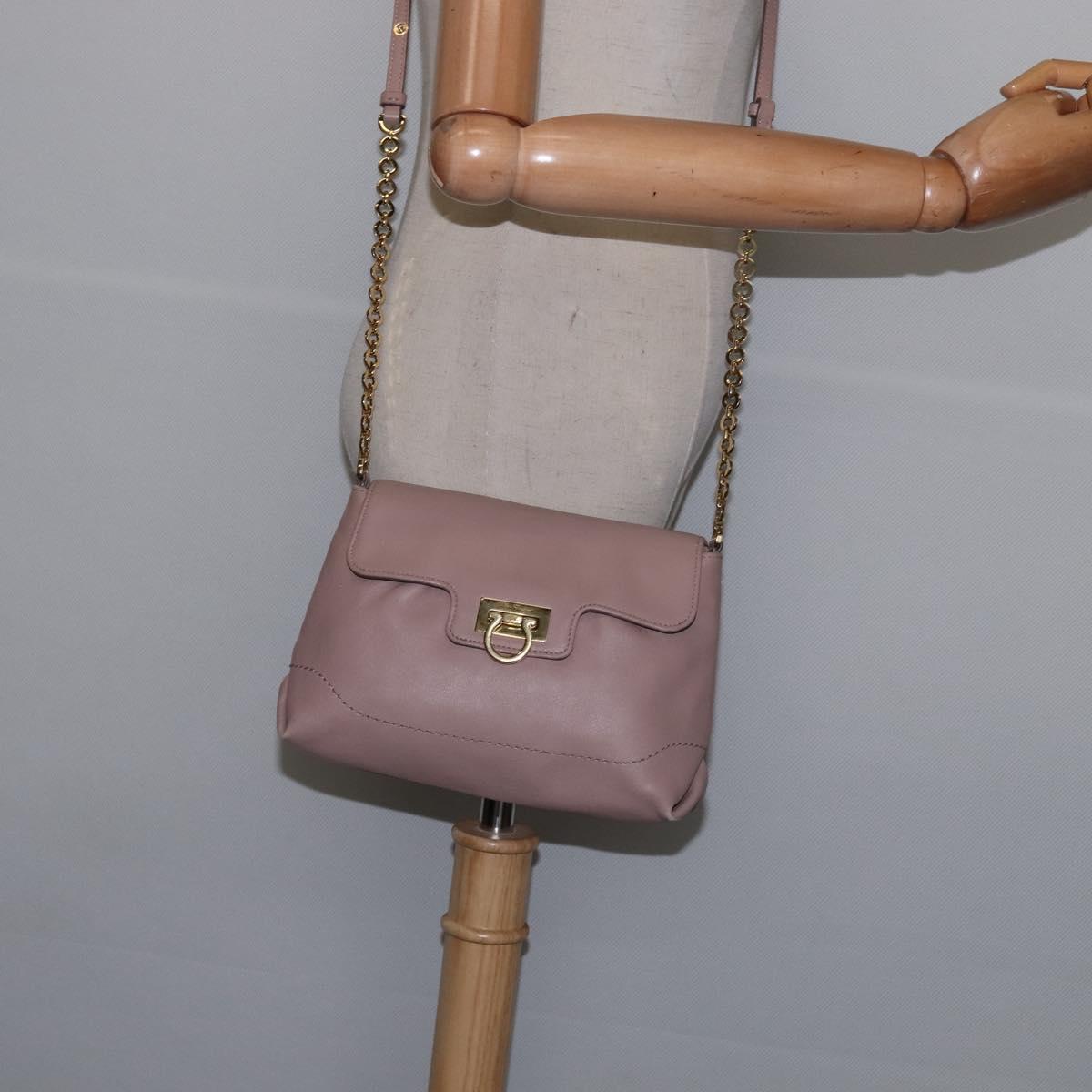 Salvatore Ferragamo Gancini Chain Shoulder Bag Leather Beige Gold Auth 145757