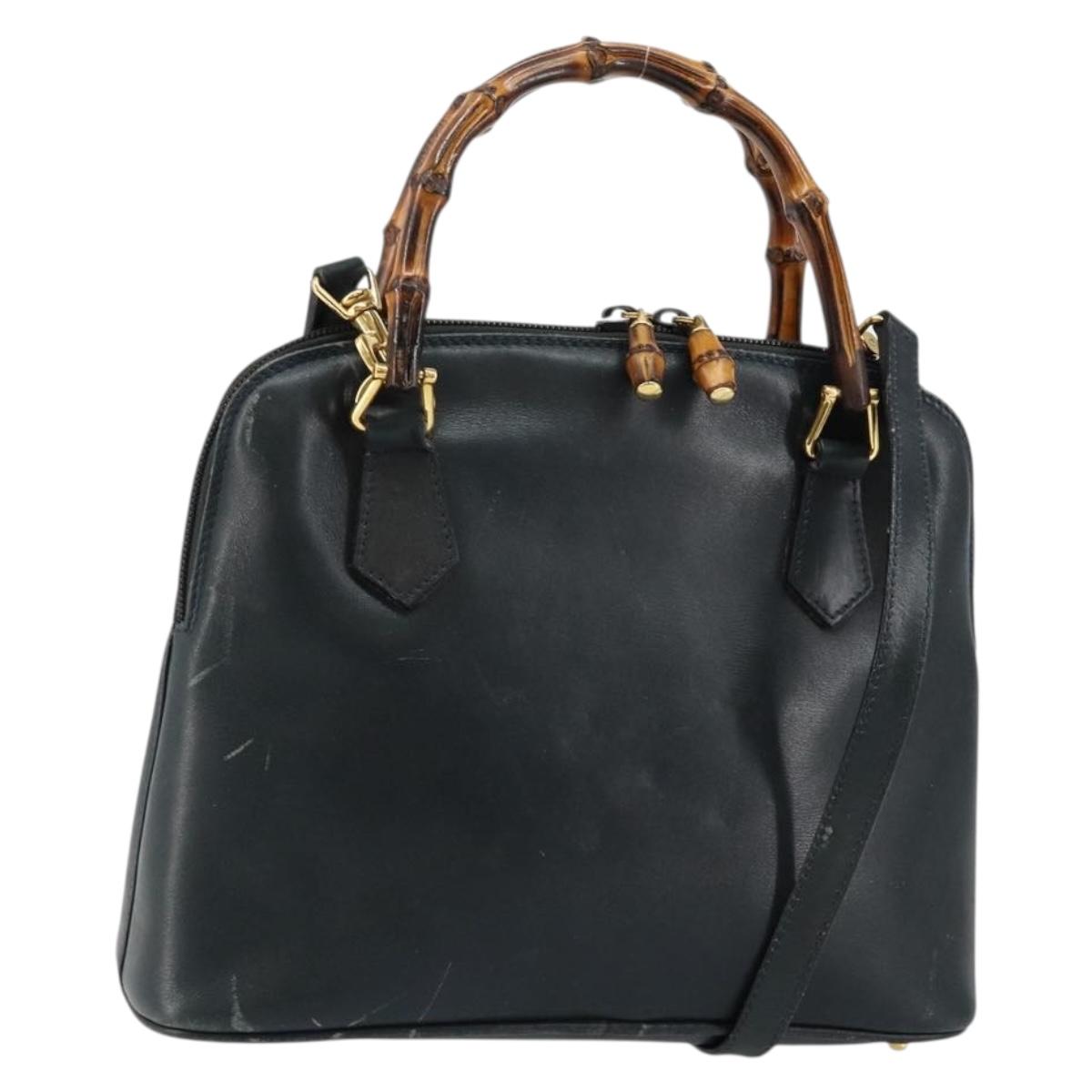 GUCCI Bamboo Hand Bag Leather 2way Navy Gold 000 2058 0290 0 Auth 145765