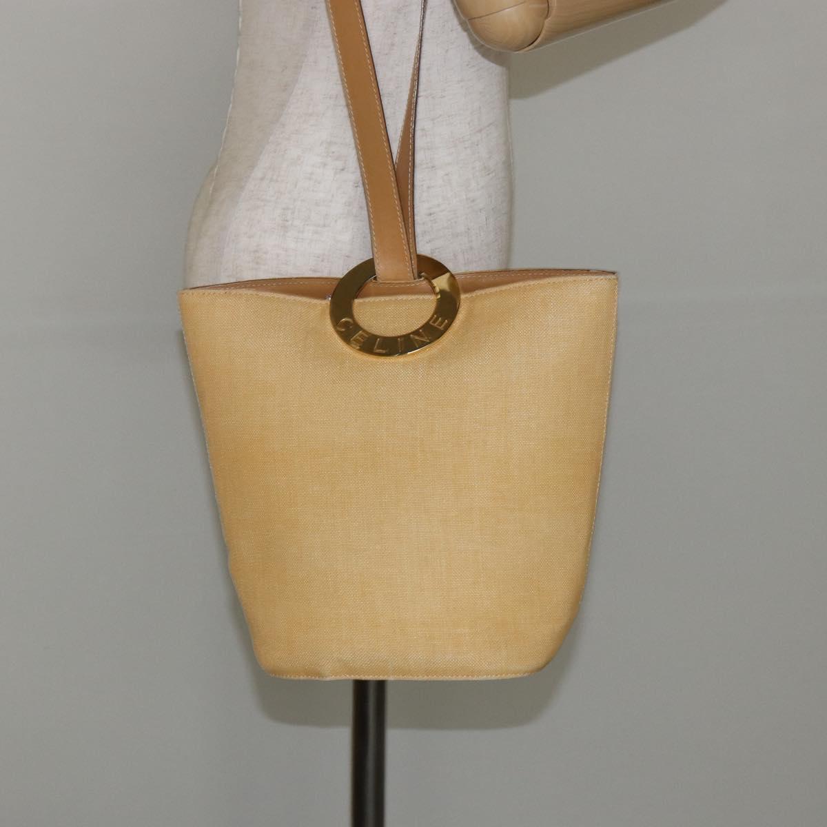 CELINE Circle Shoulder Bag Canvas Leather Beige Auth 145770