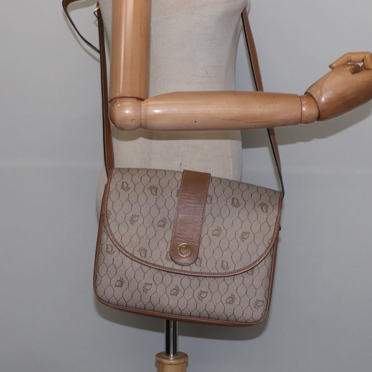 Christian Dior Honeycomb Canvas Shoulder Bag PVC Beige Gold Auth 145774
