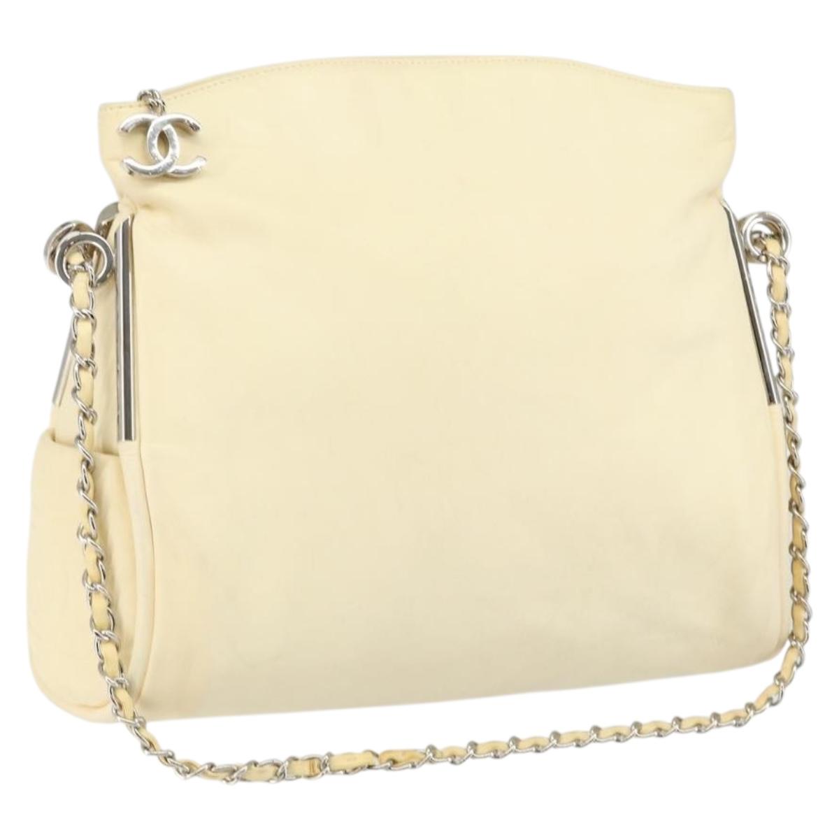CHANEL COCO Mark Chain Shoulder Bag Leather Cream Silver CC Auth 145778