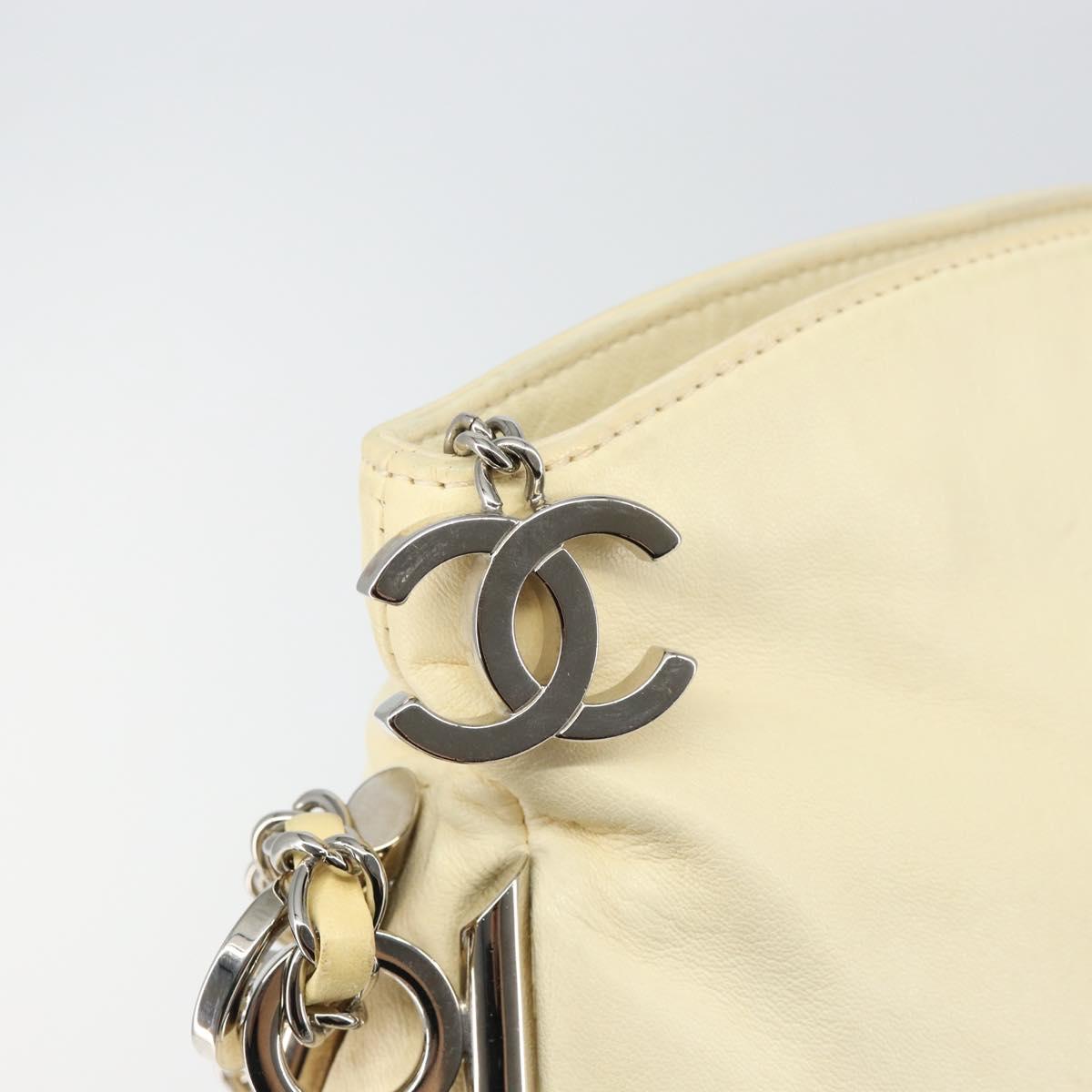 CHANEL COCO Mark Chain Shoulder Bag Leather Cream Silver CC Auth 145778