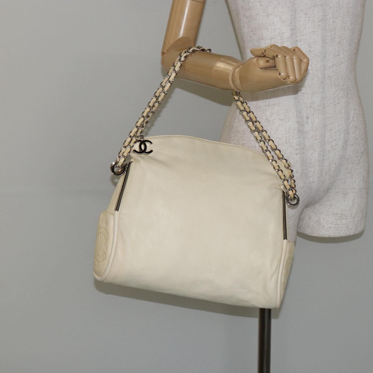 CHANEL COCO Mark Chain Shoulder Bag Leather Cream Silver CC Auth 145778