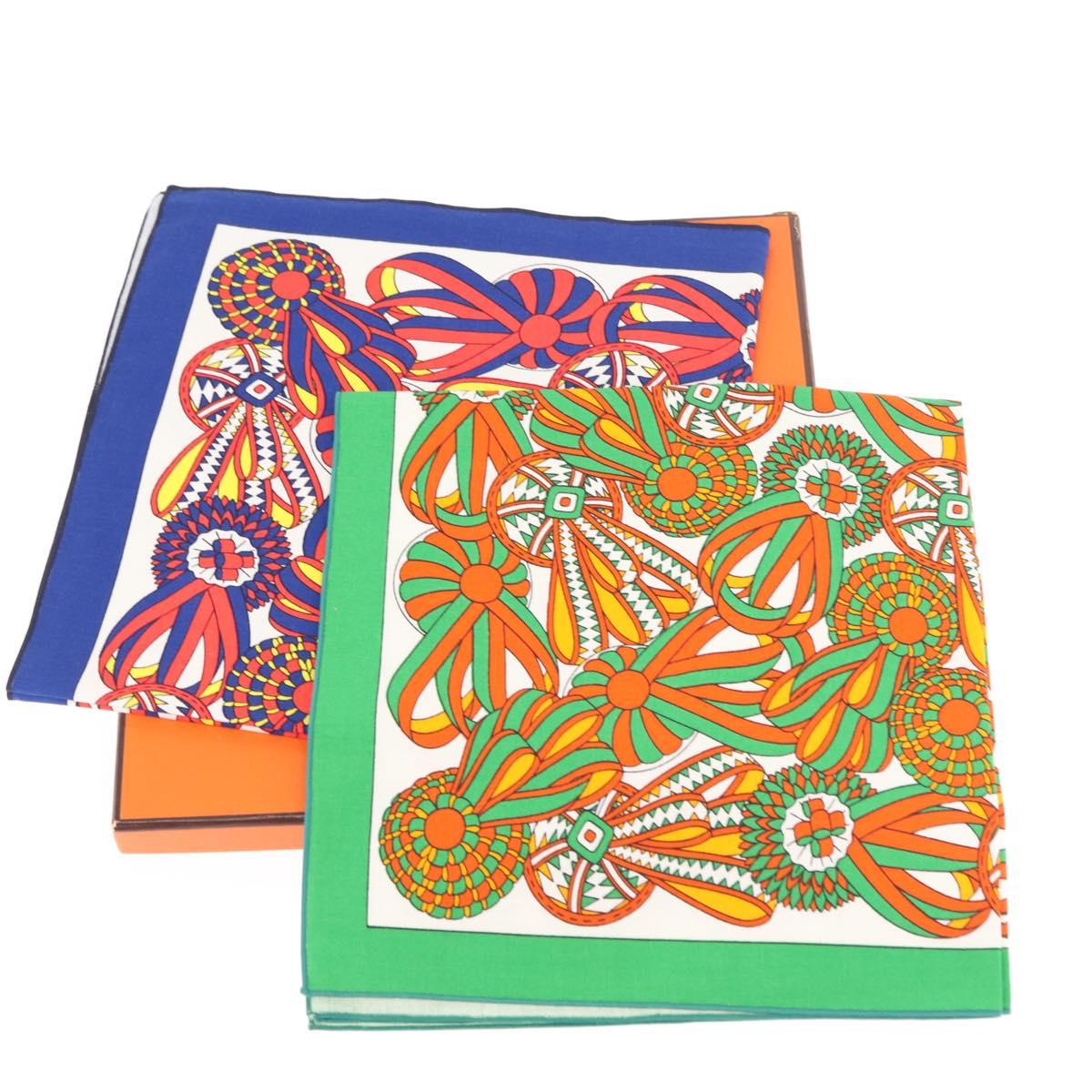 HERMES table napkin Place mat Scarf cotton 2Set Blue Green Auth 145800