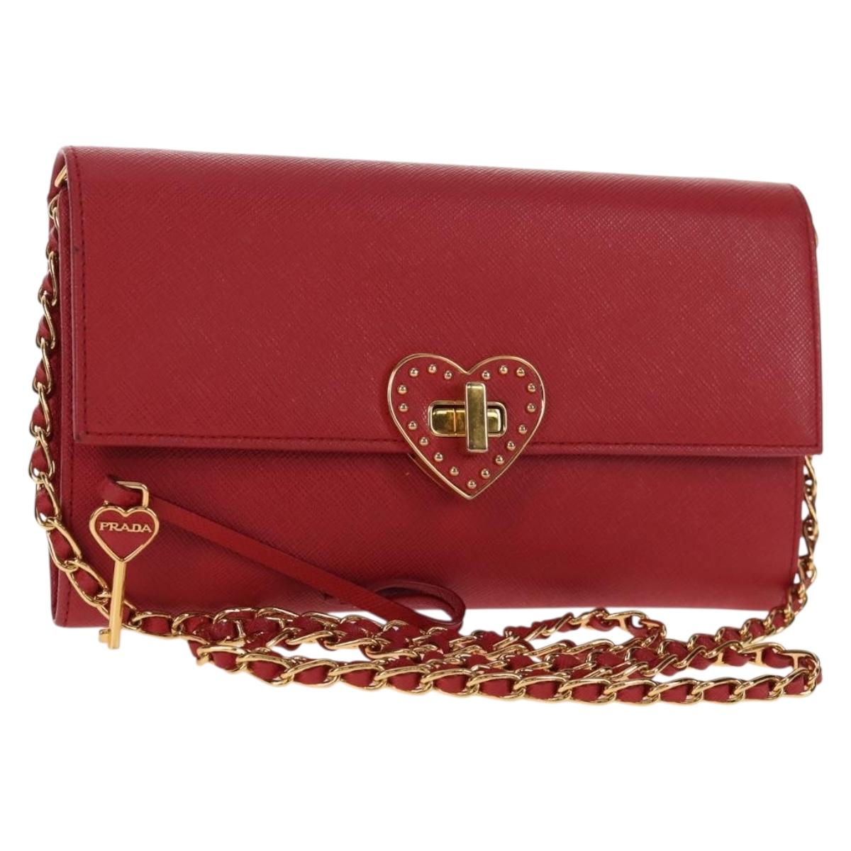 PRADA Chain Shoulder Wallet Safiano leather Red Gold BT770C Auth 145801V