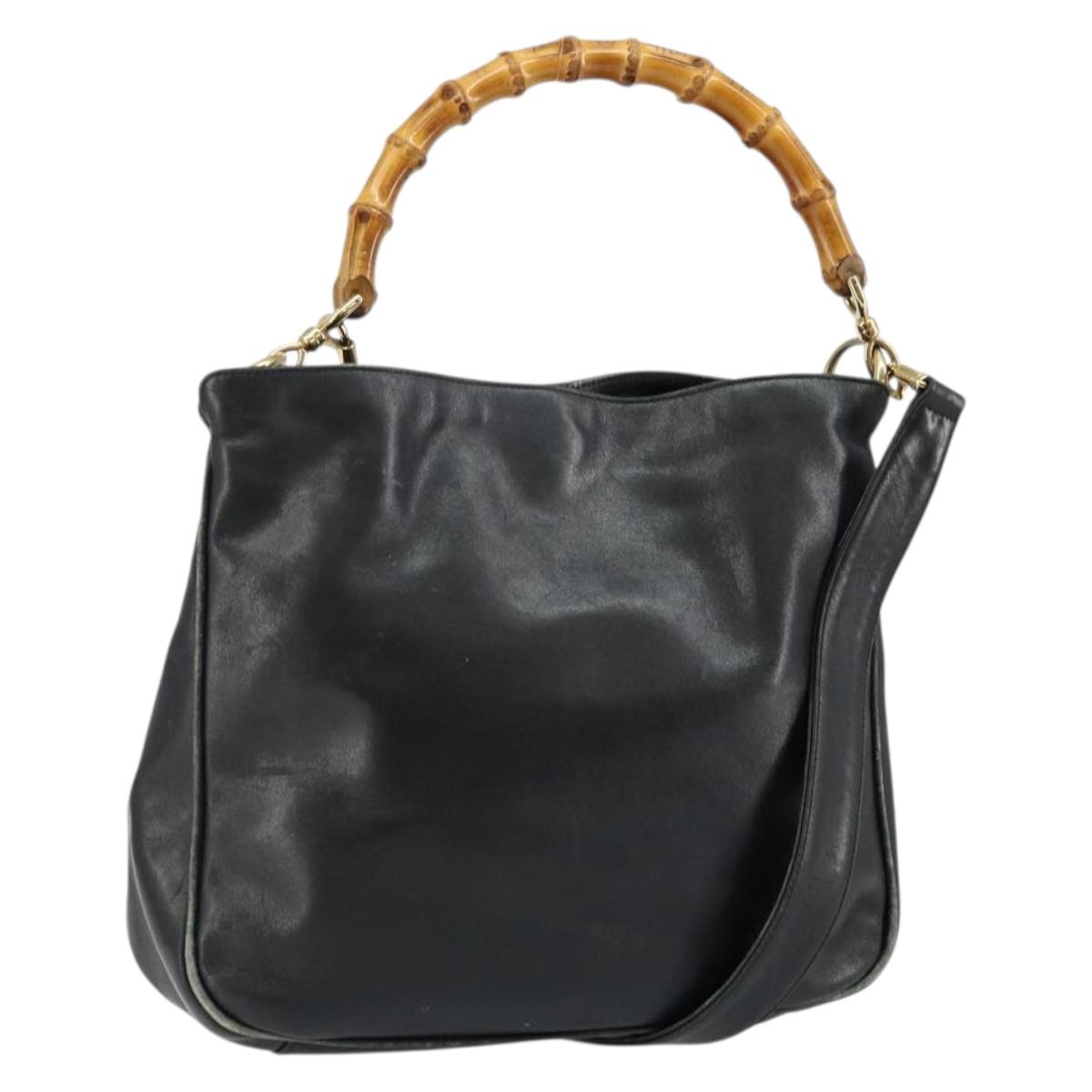 GUCCI Bamboo Hand Bag Leather 2way Black Gold 001 2123 1638 Auth 145812