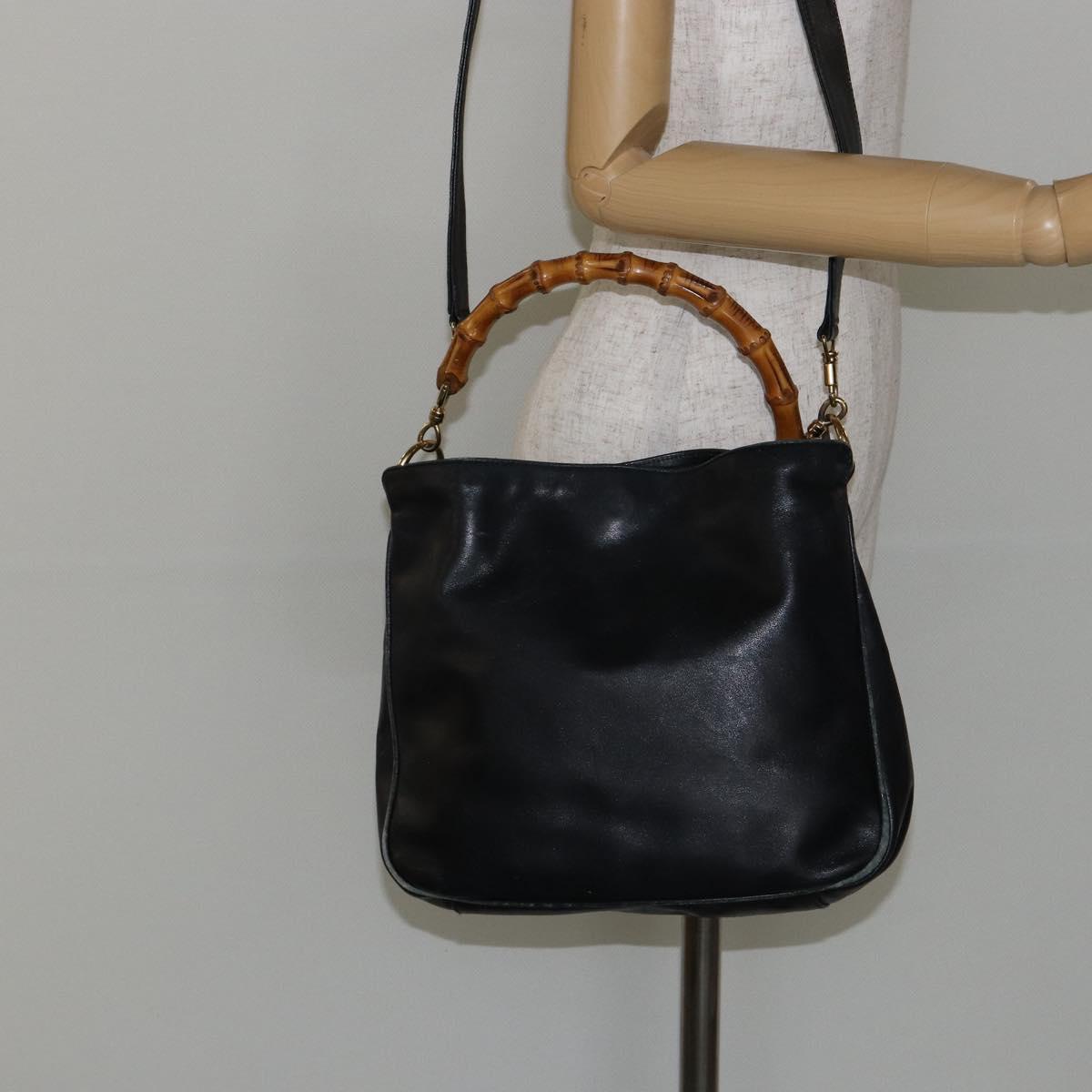 GUCCI Bamboo Hand Bag Leather 2way Black Gold 001 2123 1638 Auth 145812