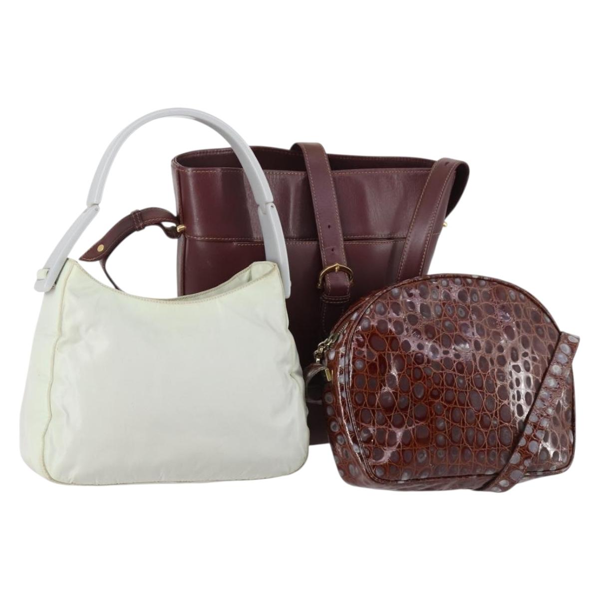 Ferragamo Cartier PRADA hand Bag Nylon Leather 3Set Brown gray Auth 145818