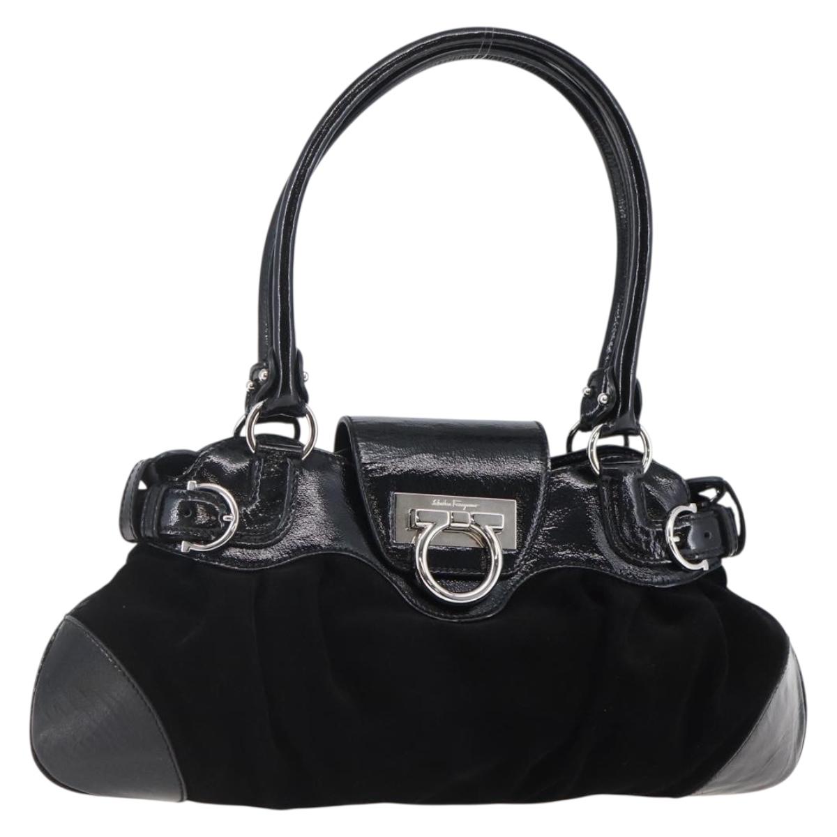 Salvatore Ferragamo Gancini Shoulder Bag Suede Black Silver Auth 145831