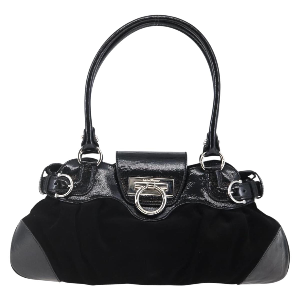 Salvatore Ferragamo Gancini Shoulder Bag Suede Black Silver Auth 145831