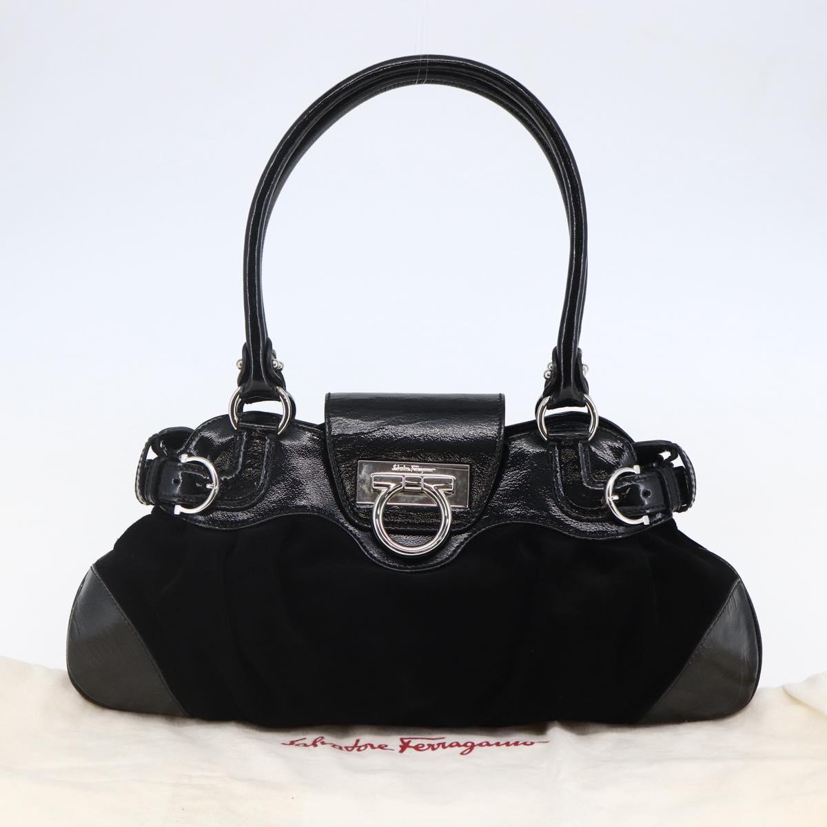 Salvatore Ferragamo Gancini Shoulder Bag Suede Black Silver Auth 145831