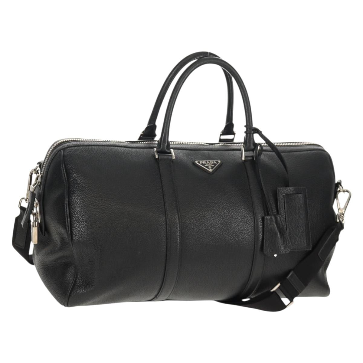 PRADA Boston Bag Leather 2way Black Silver Auth 145841SM