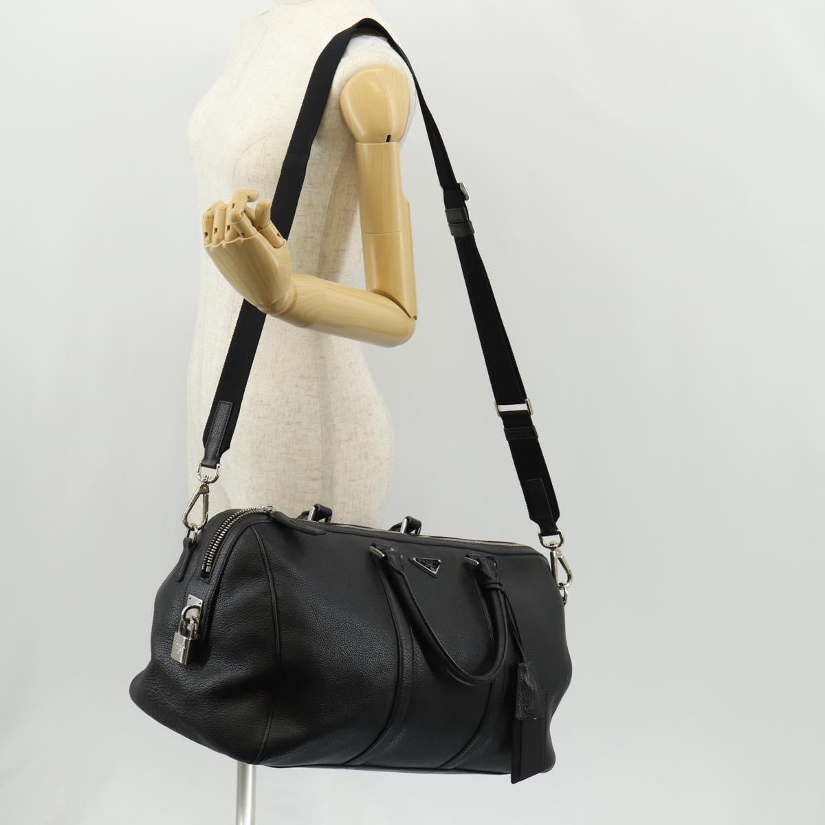 PRADA Boston Bag Leather 2way Black Silver Auth 145841SM