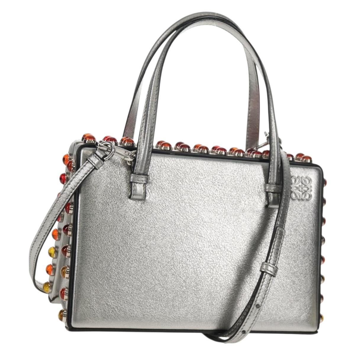 LOEWE Anagram Hand Bag Leather 2way Silver Auth 145842SM