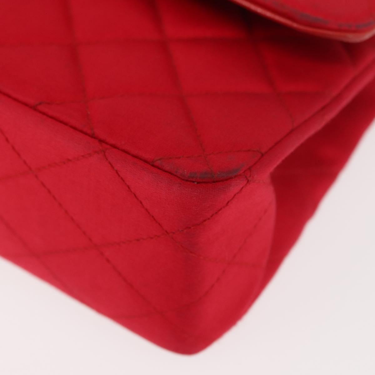 CHANEL Matelasse 25 Double Flap Chain Shoulder Bag Satin Red Gold CC Auth 145843