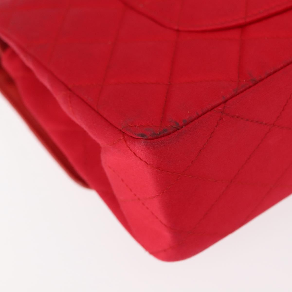 CHANEL Matelasse 25 Double Flap Chain Shoulder Bag Satin Red Gold CC Auth 145843