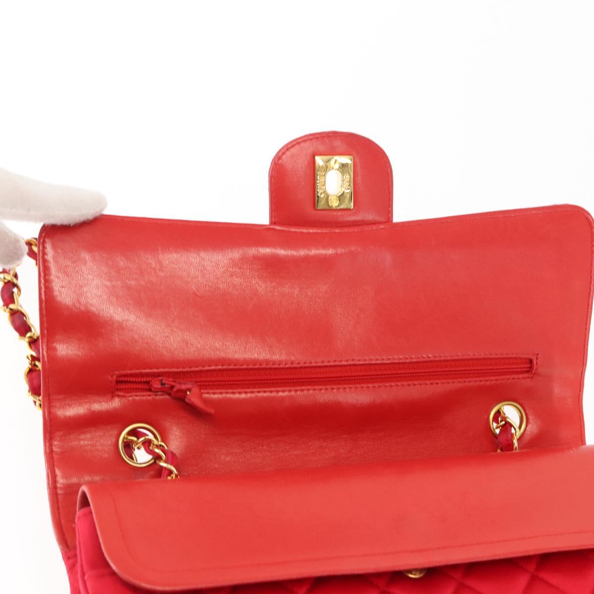 CHANEL Matelasse 25 Double Flap Chain Shoulder Bag Satin Red Gold CC Auth 145843